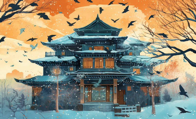 暗调晚霞乌鸦枯树塔阁楼楼阁故宫殿堂天坛中国风国潮插画,插画/手绘图,插画/手绘图库,插画/手绘图下载,插画/手绘